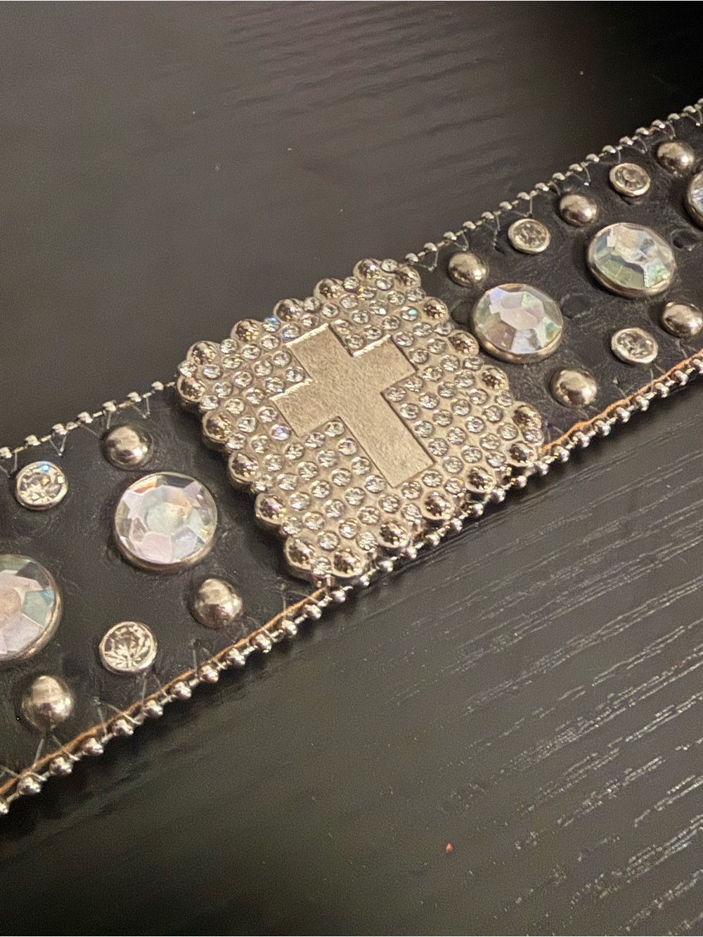 Rhinestone Cross Leather Cuff Bracelet - Black